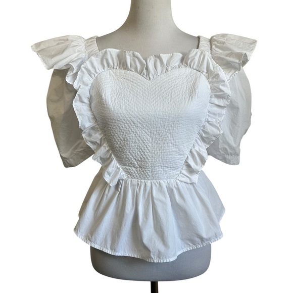 Sea New York Tops - Sea New York Heart Shape Cotton Peplum Top Sz 2 White Short Sleeve Tie Back